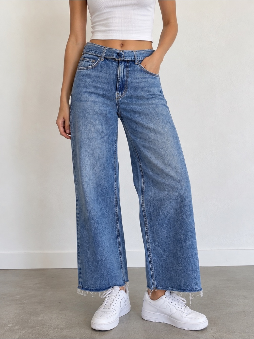 Free People We The Free Jeans 32 Waist Wide Leg
Belted Raw Hem Blue Denim